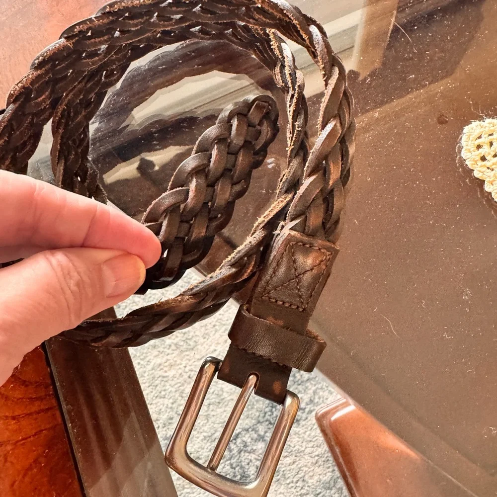 Brown Braided Leather Belt with Silver Buckle 34” including buckle